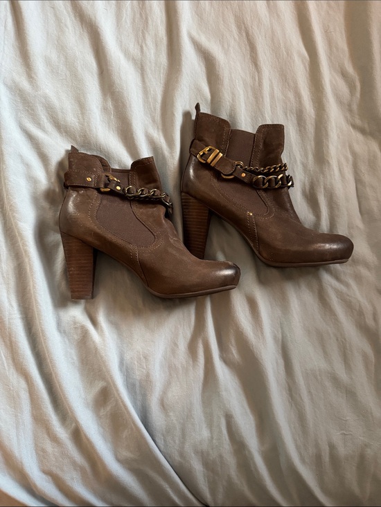 Nicole Miller Shoes - Nicole Miller Brown Leather Ankle Booties with Chain & Buckle